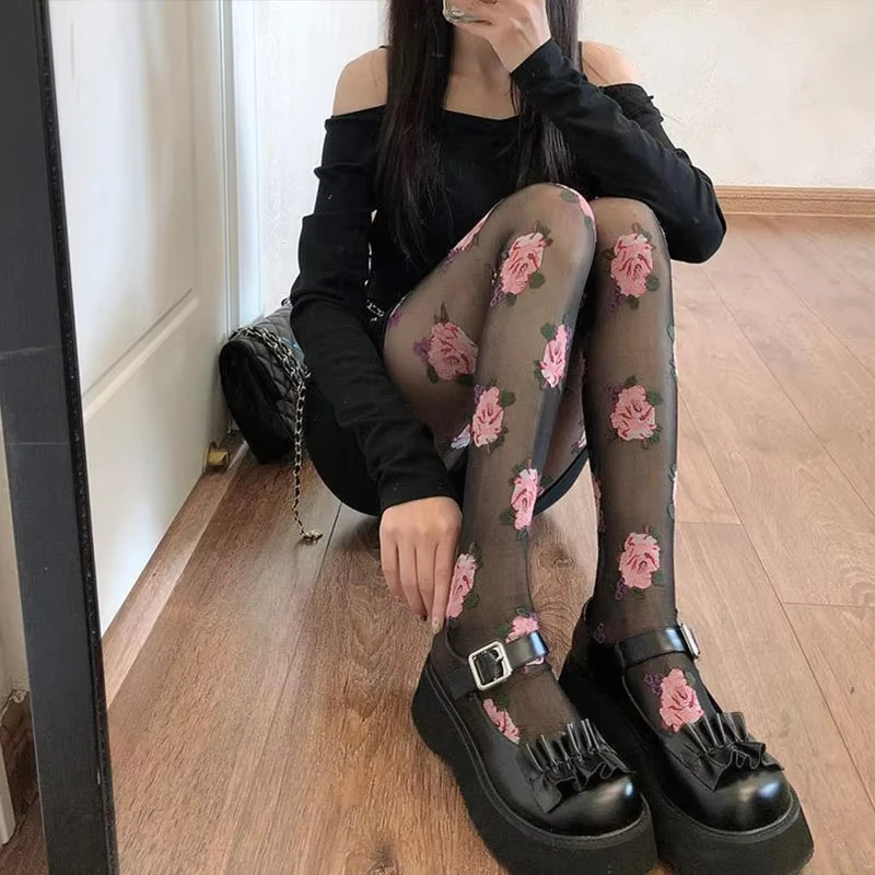 2026 Frühling Sommer Strumpfwaren Bedruckte Rosen-Strümpfe Schwarz-Weiß Blumenmuster Strumpfhosen Dünne Netzstrumpfhose Mädchen Sexy Strumpfhosen für Damen