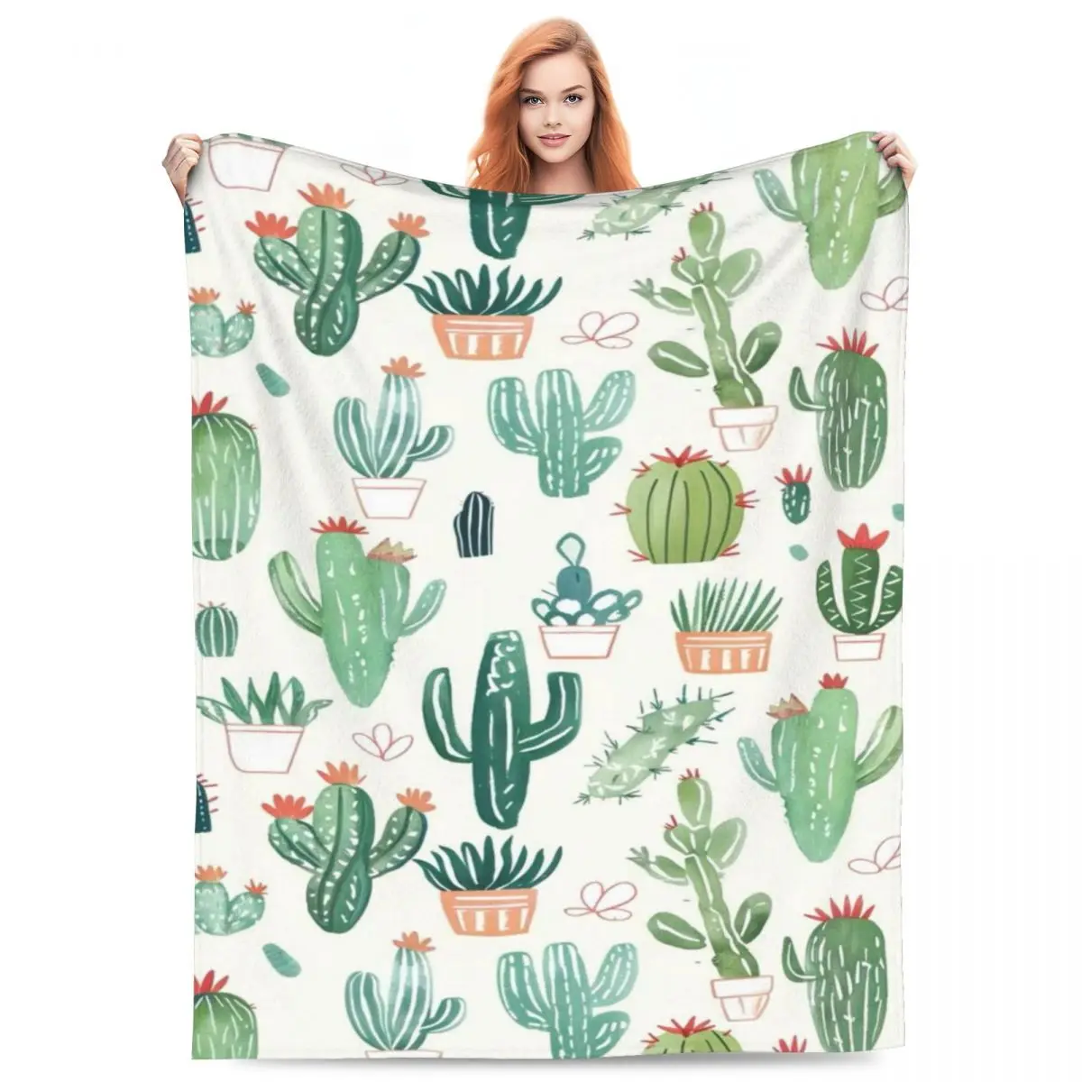 Throw Blanket Cactus Catercolour Micro Fleece Blanket Four Sizes Fashionable Warm For Living Room AntiPilling Blanket