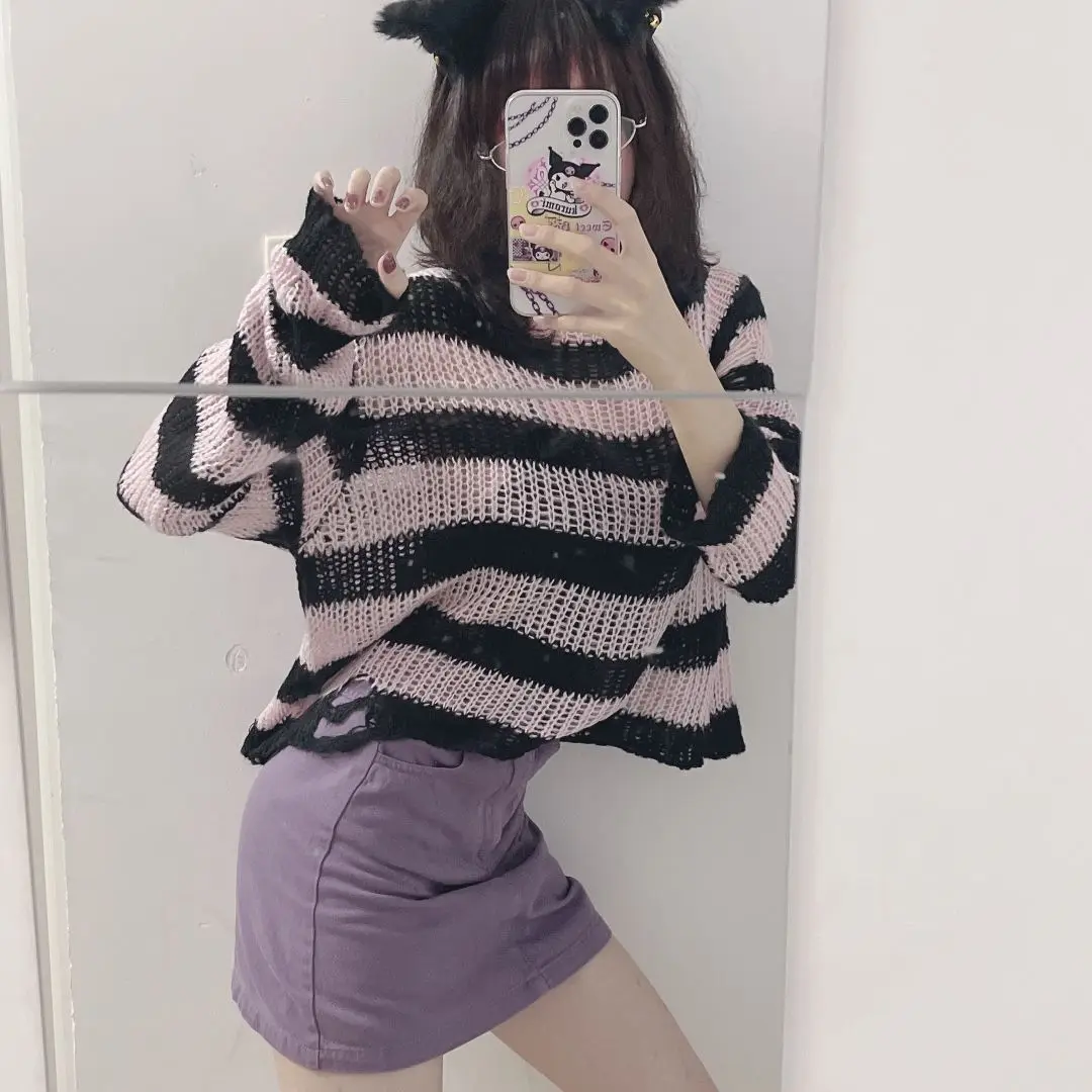Y2K Girl Goth Punk Gothic Sweater Oversized Pullover Women Sexy Long Sleeve T-Shirt Striped Hole Hollow Broken Jumper Streetwear