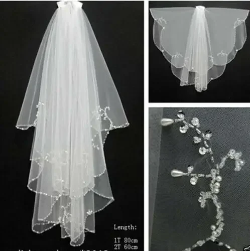 

Pearl Handmade beaded White Beads White/Ivory 2T Wedding Bridal Veil with Comb 2024