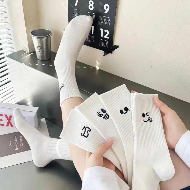 3/ 5 Pairs Women's Cartoon Socks Autumn Girls Cute Funny Expression Pattern Mid Tube Kawaii Casual Breathabl White Female Socks