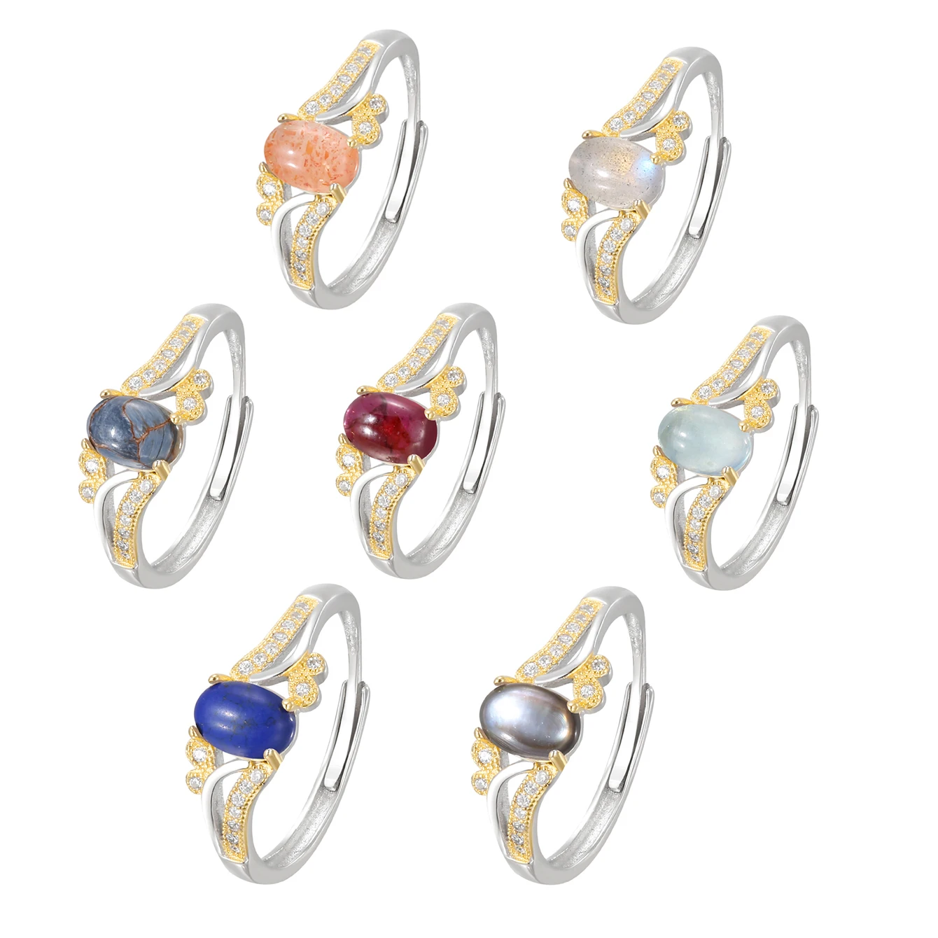 

Natural Moonstone Ring Solid S925 Silver & Gold-7x5mm Oval Garnet Gemstone Adjustable Bands Birthstone Jewelry Floral Boho Gifts