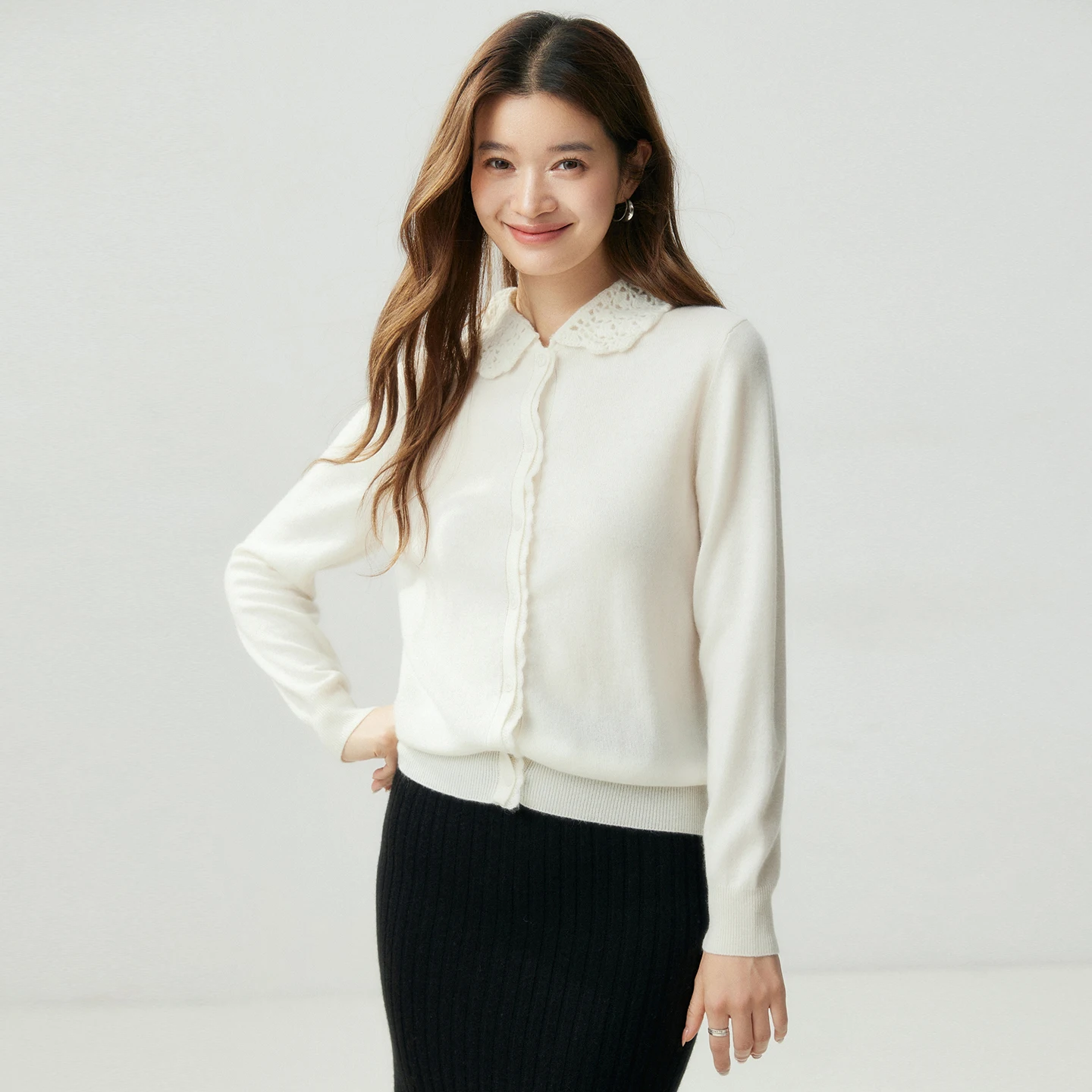 Women Peter‑Pan‑Collar Cardigan Hand‑Embroidered Long‑Sleeve Knit 100% Cashmere Knitwear Elegant Solid‑color Autumn Winter Tops