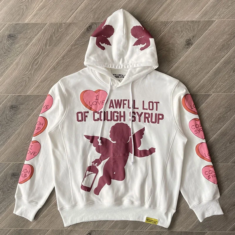 

White That's A Awful Lot of Cough Syrup Love Heart Print Hoodie Men Women Winter Sweathirts High Quality Loose Cotton Pullovers