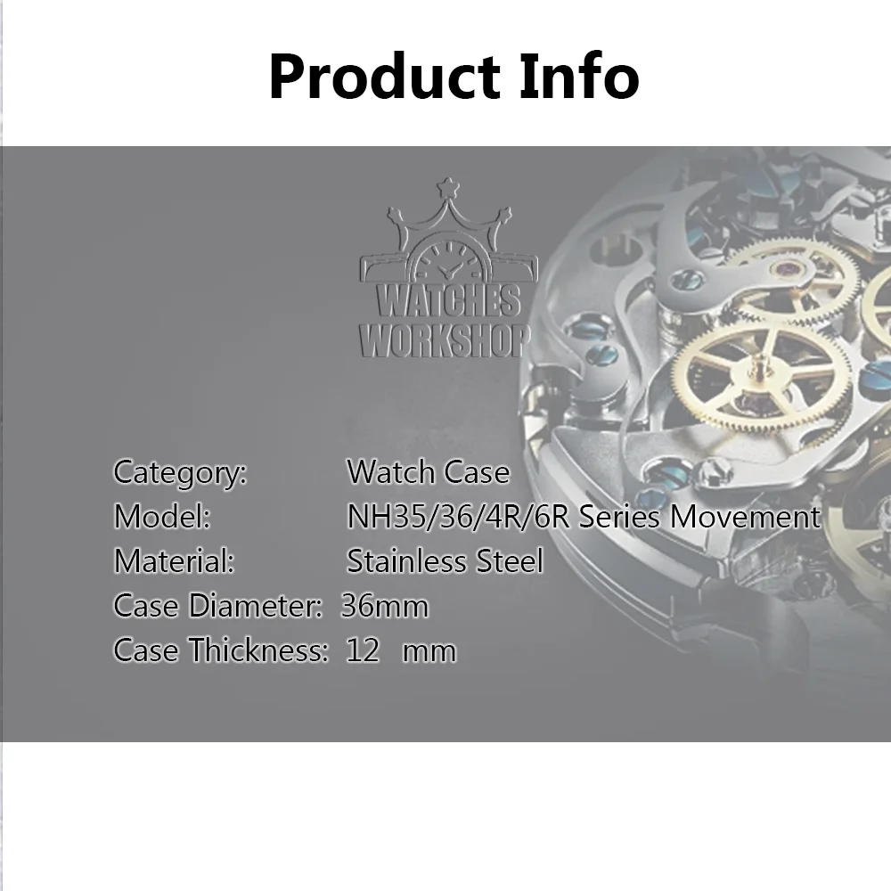 36mm Stainless Steel Watch Case Sapphire Glass Solid Case Back Fit NH35 NH36 4R35 Movement 5ATM Waterproof Watch Mod Repair Part