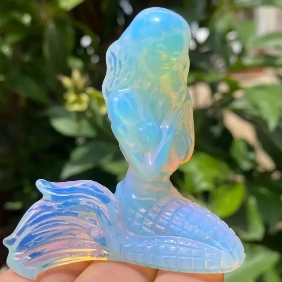 Opalite Mermaid Figurine Quartz Crystal Carved Reiki Healing Stone Crystal Animal Sculpture Mineral Specimen for Home Decoration