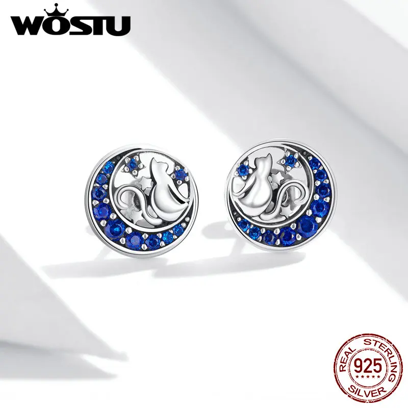 WOSTU Real 100% 925 Sterling Silver Lovely Cat Pet Stud Earrings For Women S925 Silver Earring Fashion Jewelry Gift FIE073