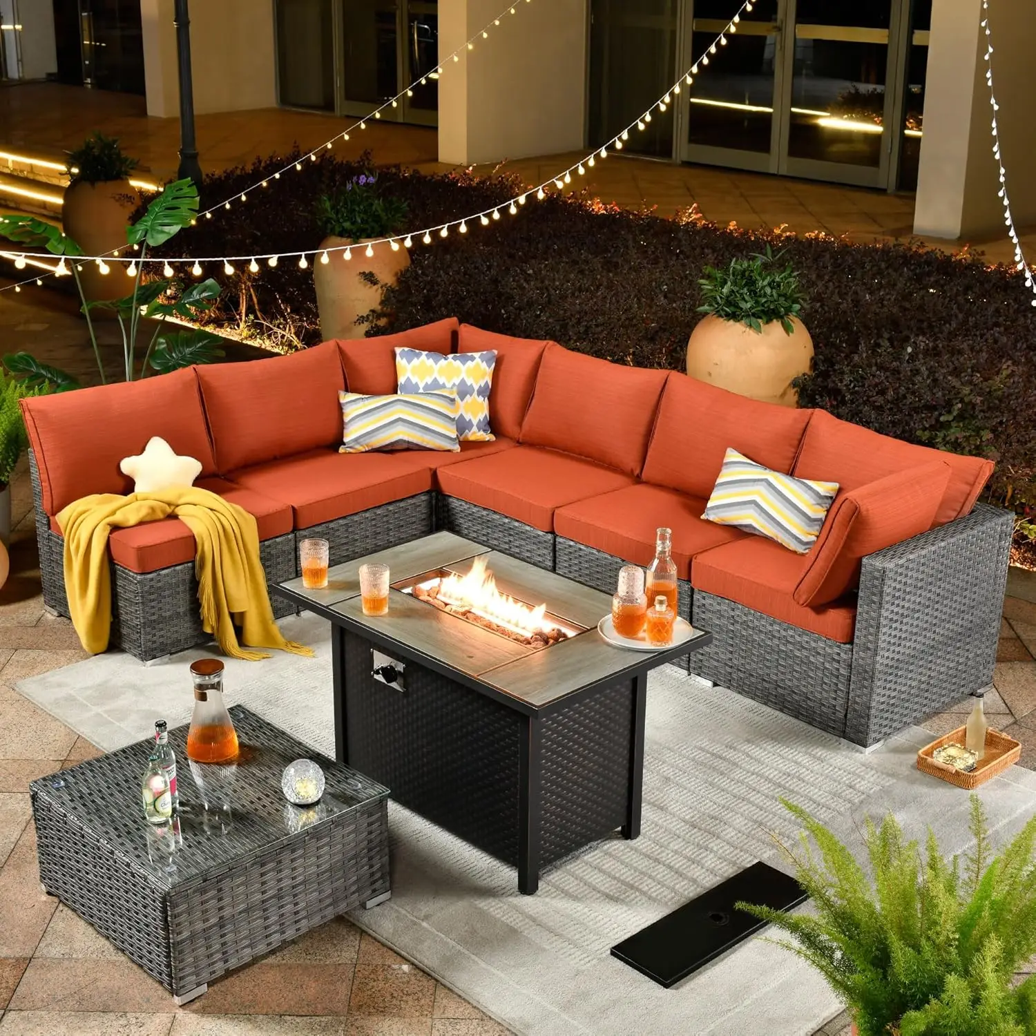 

Outdoor 8 PC Patio Furniture Set with Fire Pit Table,Conversation Sectional Wicker Couch with Coffee Table,Modern Outside Sofa