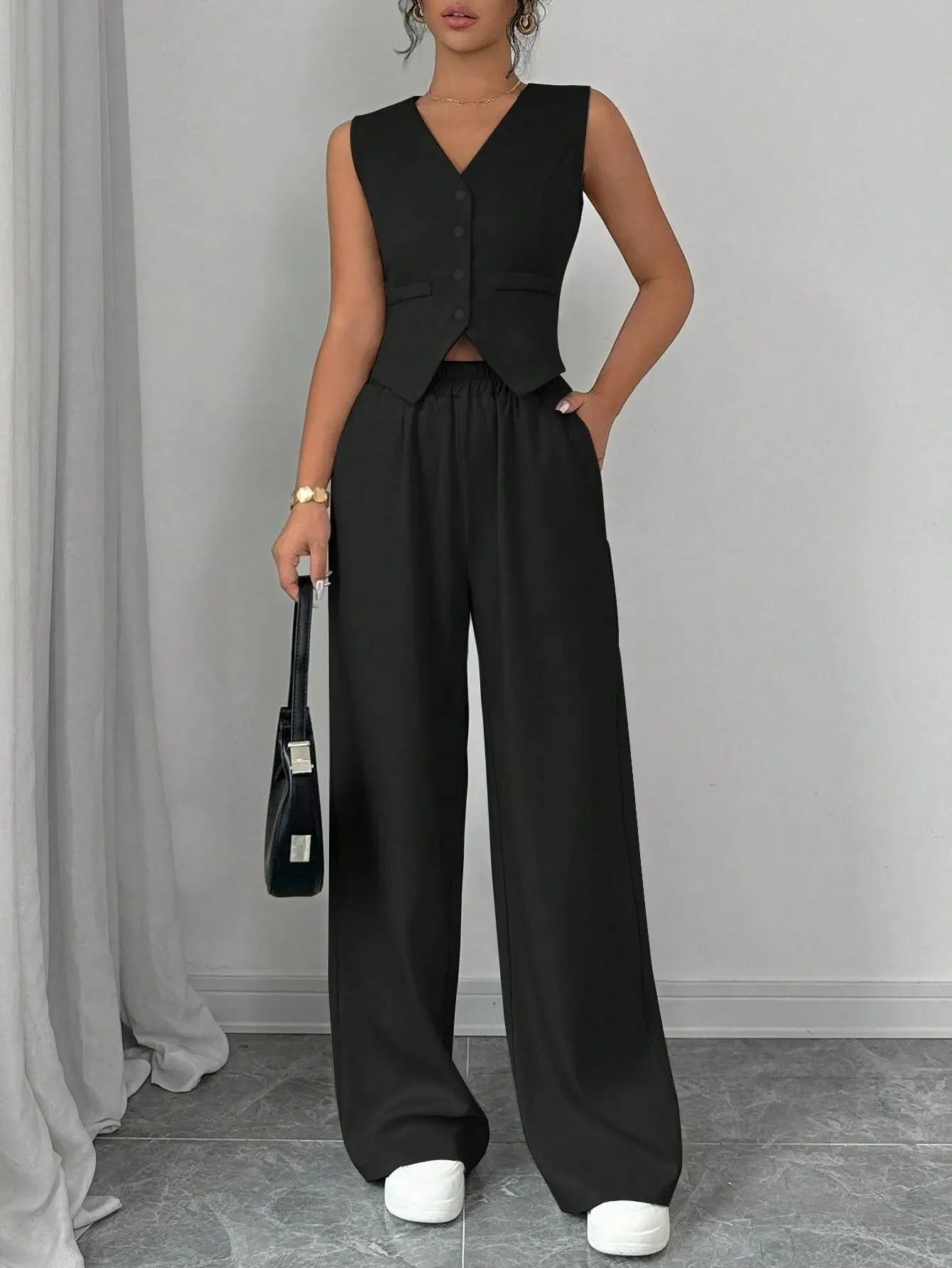 Office Buttons Pockets Tops Wide Leg Pants Women's Matching Sets Korean Fashion Y2K Kpop Sexy 2 Pieces Set Woman Cheap Clothes