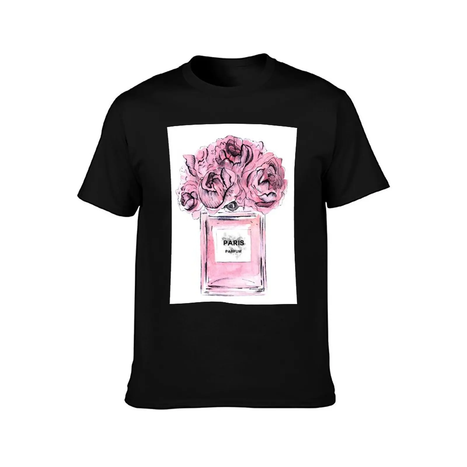 Perfume Bottle Watercolor Painting Hand Drawn With Pink Flowers T-Shirt Summer Casual Cotton Tee Oversized Streetwear Tops