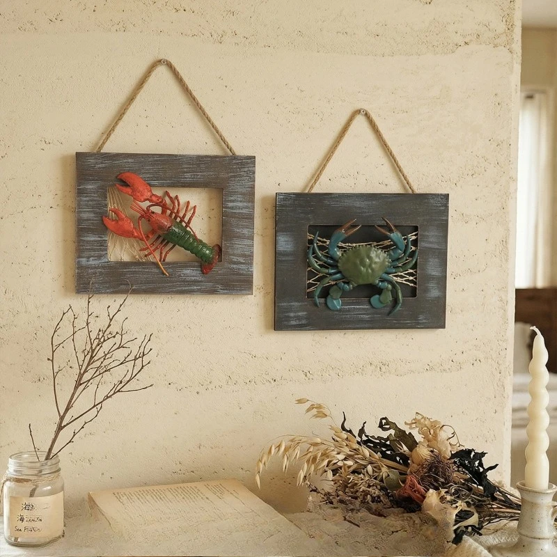 Mediterranean Style Wooden 3D Crab Lobster Wall Decorative Painting Ocean Theme Hanging Ornaments for Living Room Bar Wall Decor