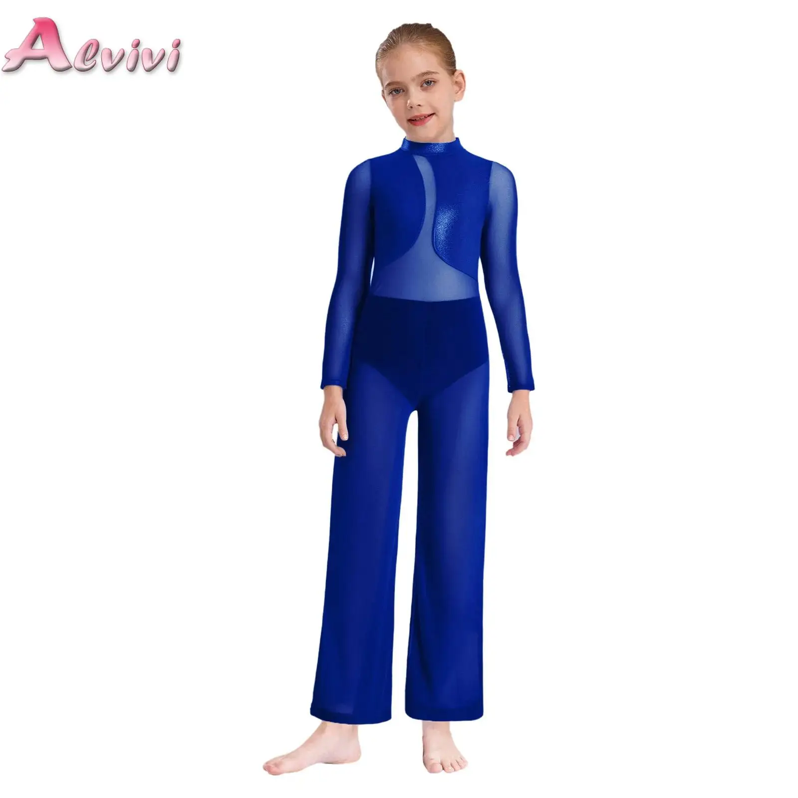

Kids Girls Gymnastics Stage Performance Costume Sheer Mesh Patchwork Wide-Leg Metallic Jumpsuit Long Sleeve Full Body Leotard