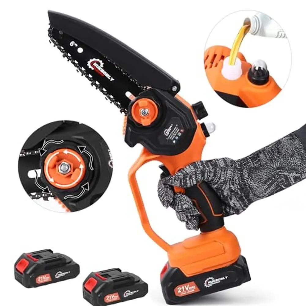 

6 Inch Cordless Electric Chainsaw Tool with Tool-less Chain Tensioning and Self Oil Filler Efficient Cutting Safety Lock and