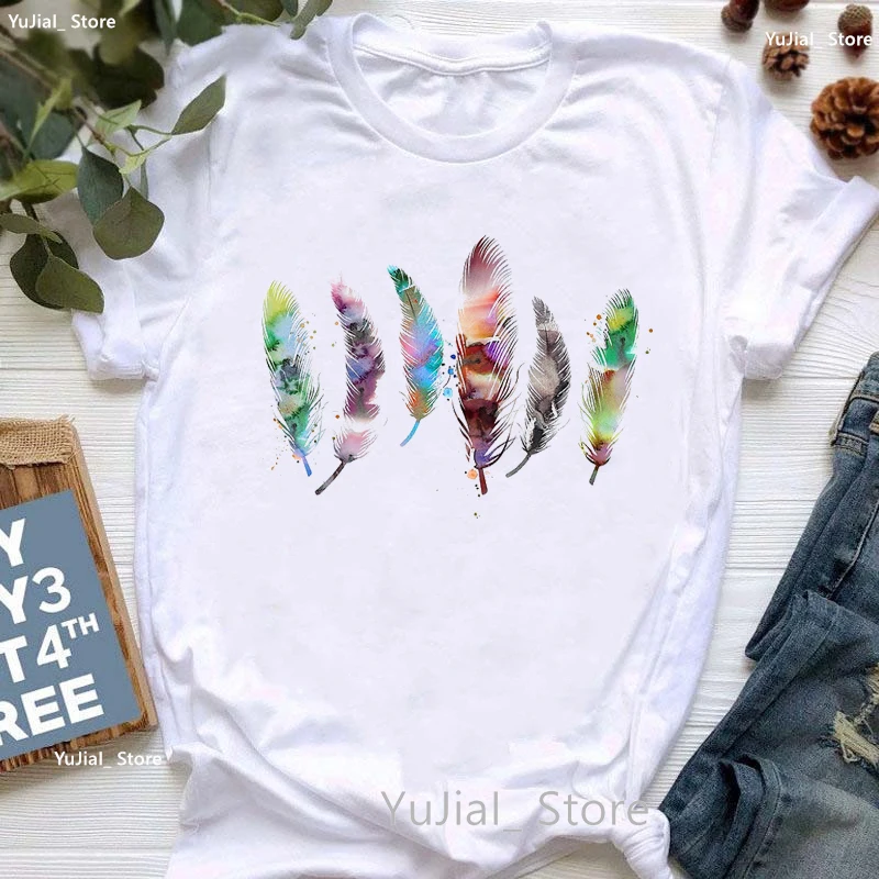 Aquarel Vogel En Feather Print T Shirt Vrouwen Kleding Zomer Mode Tops Tee Shirt Femme Esthetische Art T-shirt Vrouwelijke