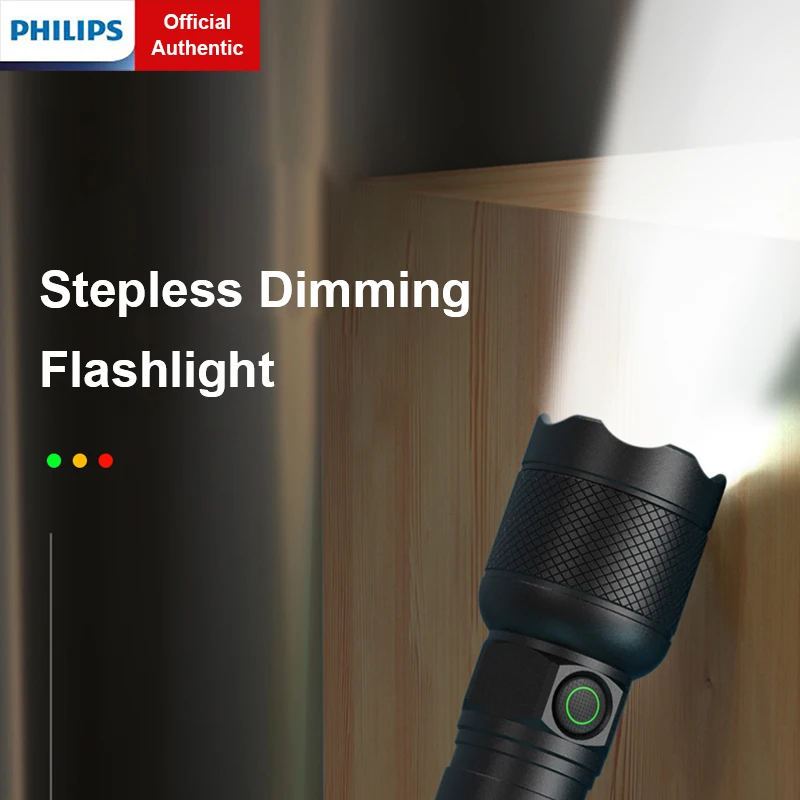 Philips Stepless Dimming Flashlight IPX5 Waterproof Rechargeable LED Flashlights Mini Size Portable Self Defense Camping Light