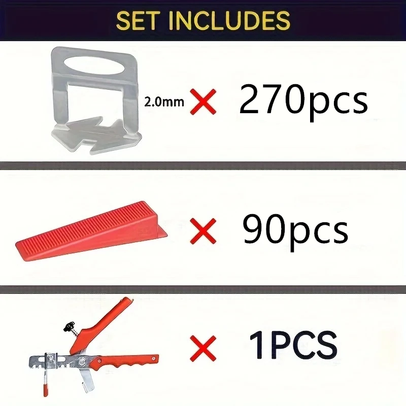 270Pcs Clips and 90Pcs Plastic Tile Leveling System with 1 Pliers Tool (Also Available as Individual Accessories) - Reusable Wedges, Professional Spacing and Alignment Kit, for Ceramic Floor and Wall Tile Installation