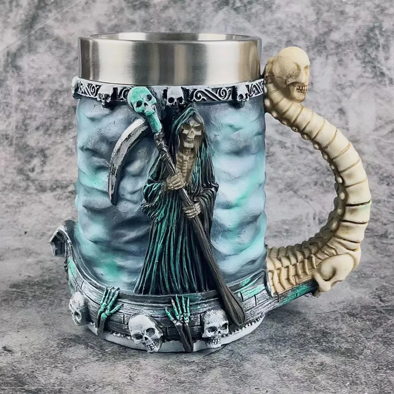 Creative Grim Reaper Ship Skull Mug, Bar Beer Mug, Large Capacity Stainless Steel Inner Cup Halloween Water Cup.