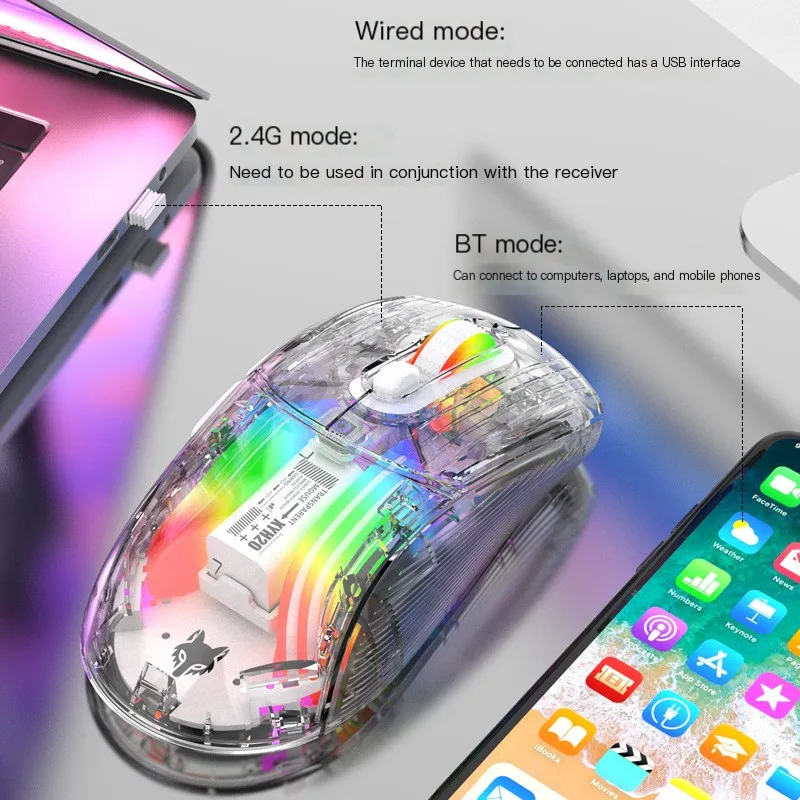 Wireless Bluetooth 2.4G USB Tri-Mode Connection Transparent RGB Lighting Effect Mechanical Game Silent Office Mouse Ergonomic