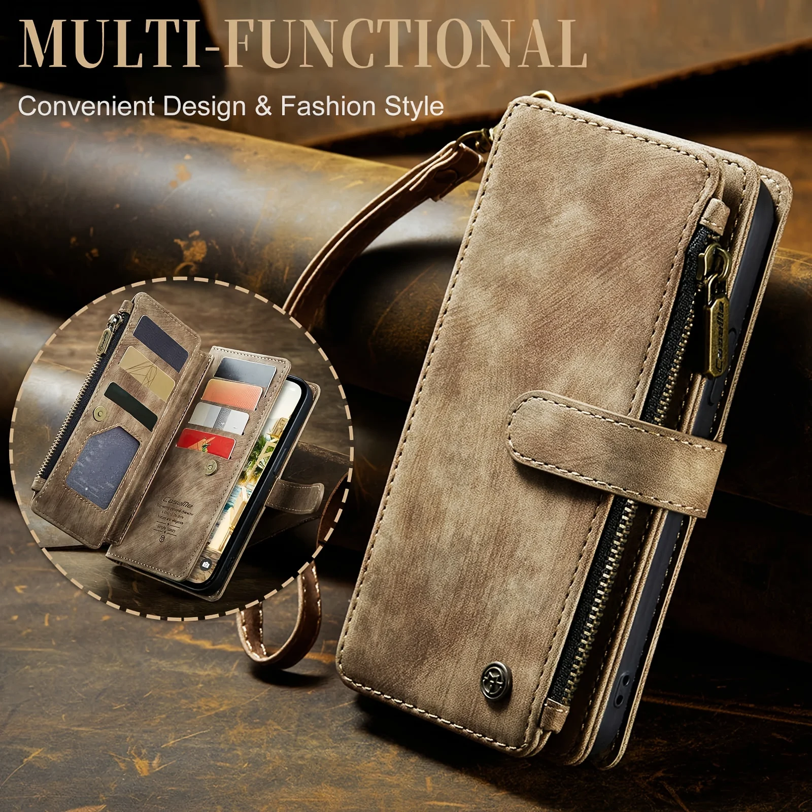 

1pc Suede Vintage Leather Phone Cover, Wallet License Card Slot Magnetic Buckle Zipper Pocket Bracket Flip Cover Phone Protectiv