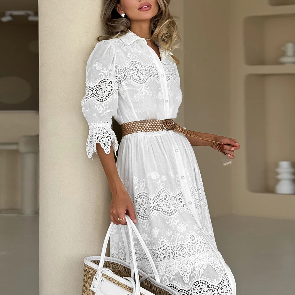 TWOTWINSTYLE Hollow Out Maxi Dress For Women Laplel Long Sleeve High Waist Spliced Belt Embroidery Elegant Dresses Female New