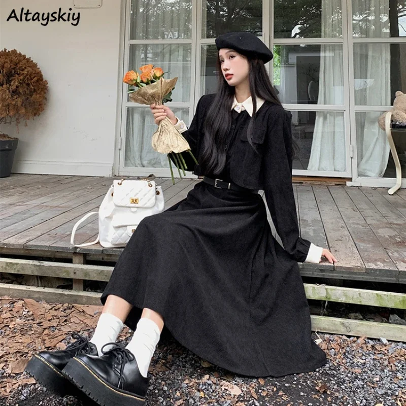 Corduroy Dress Women Streetwear Elegant Autumn Vintage Fake Two Pieces Pockets Temper Button-up Платье A-line All-match Ulzzang