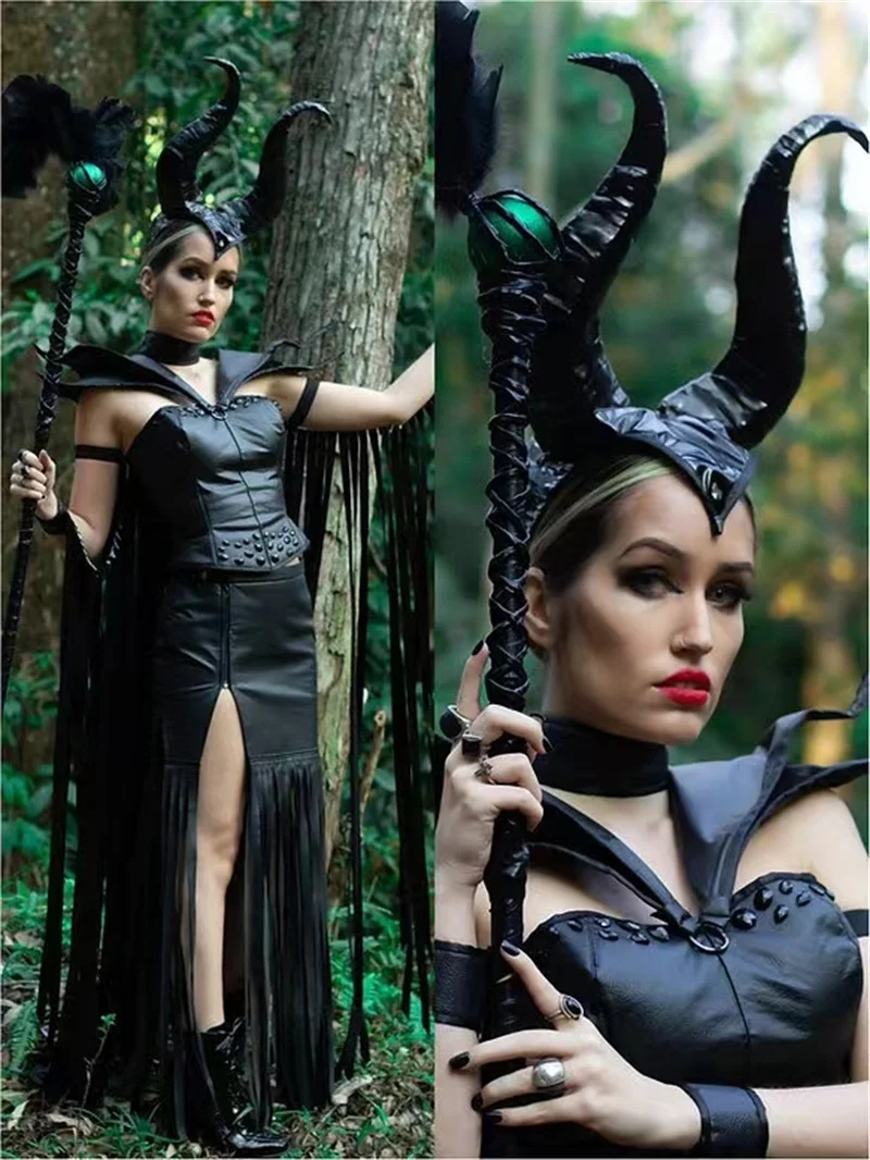 

loween New Sp Beau Witch Mficent Cosplay Dr Tassel Trimmed Velvet Horned Skirt Stage Performance Women's Dr