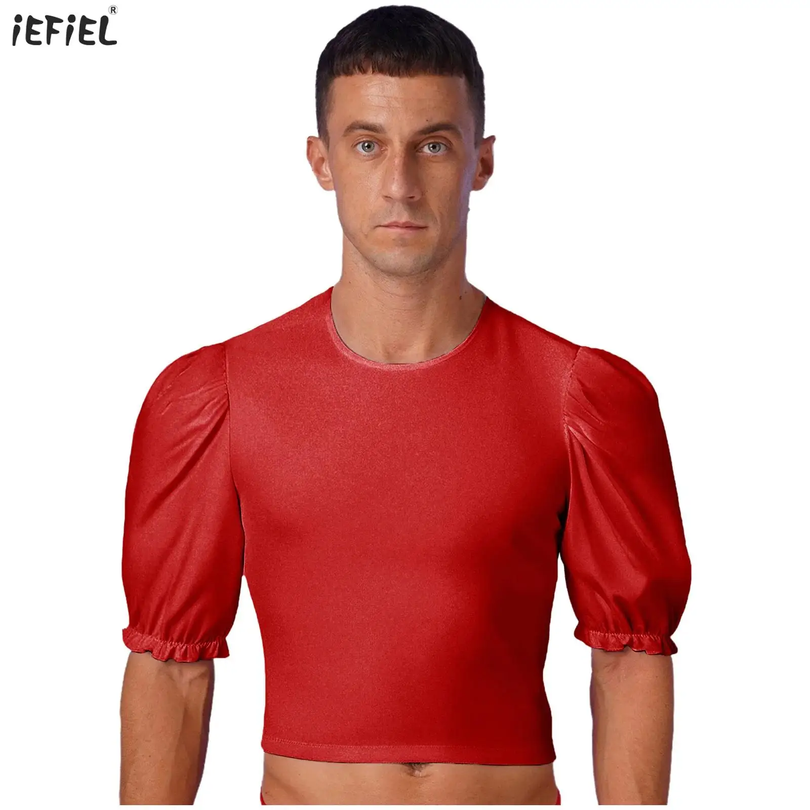 

Mens Ballet Dance Tops Medieval Prince Dancewear Velvet Round Neck Half Sleeve Ruffled Cuffs Pullover Baselayer Shirt Crop Top