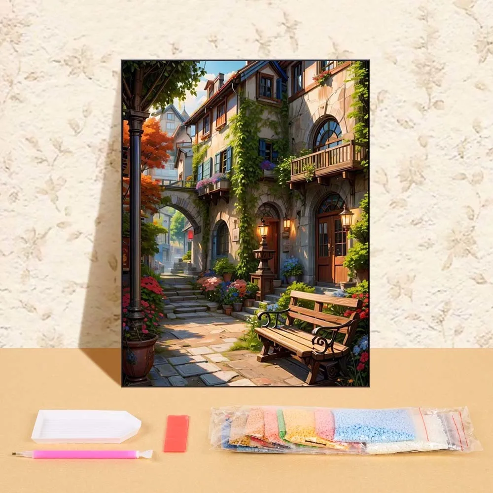

New Diamond Painting Kit Building Town Full Round Diamond Art Embroidery Cross Stitch For Living Room Home Decor Wall Painting
