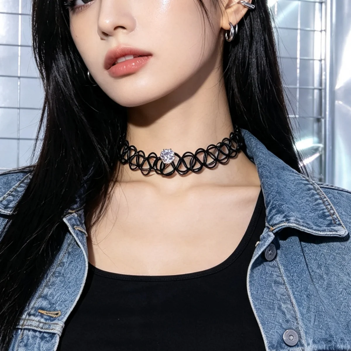 90s Tattoo Choker Necklace Black Blue Gothic Y2K Collar Necklace Stretchy Elastic Adjustable Chain Jewelry for Women Girls