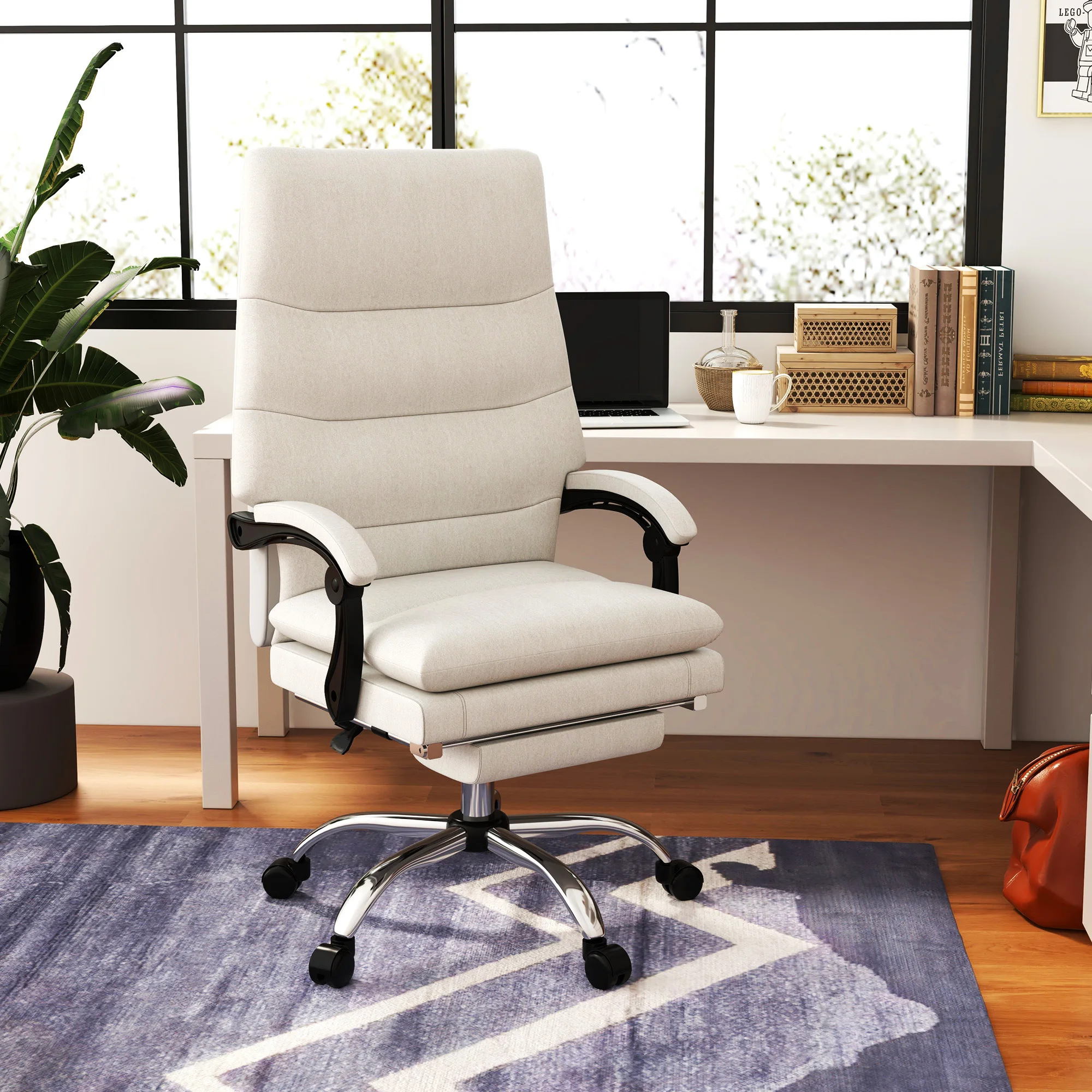 Vinsetto Microfibre Executive Massage Office Chair, Computer Desk Chair, Heated Reclining Chair with Footrest, Double-tier Padding, Swivel Wheels, Cream White