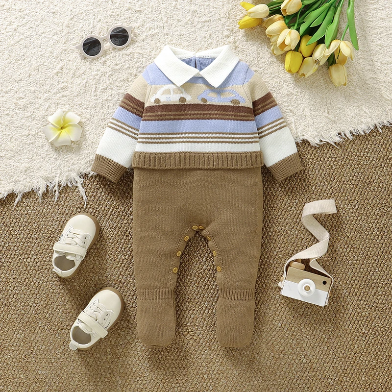 

Autumn Baby Romper Knitted Newborn Boy Jumpsuit Long Sleeve Foot Wrap Infant Kid Clothes 0-12M Fashion Striped Overalls Playsuit