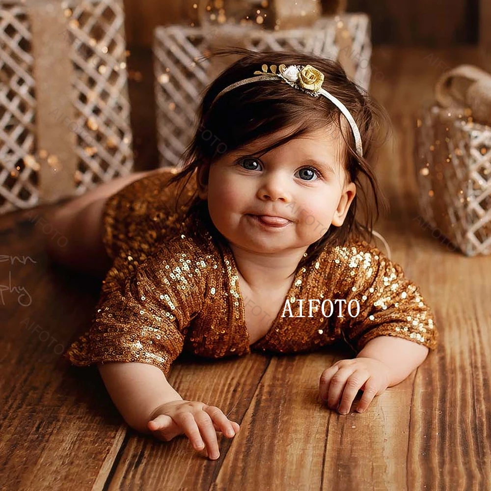 Newborn Girls Clothes Photography Outfit Bodysuits One Year Old Infant Jumpsuit Sequin Dress Baby Costume Shoot Prop Accessories