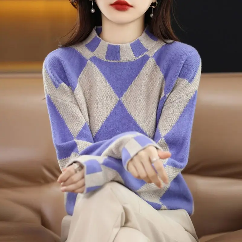 Vintage Argyle Contrasting Colors Sweaters Patchwork Stylish Half High Collar Autumn Winter Female Screw Thread Knitted Jumpers