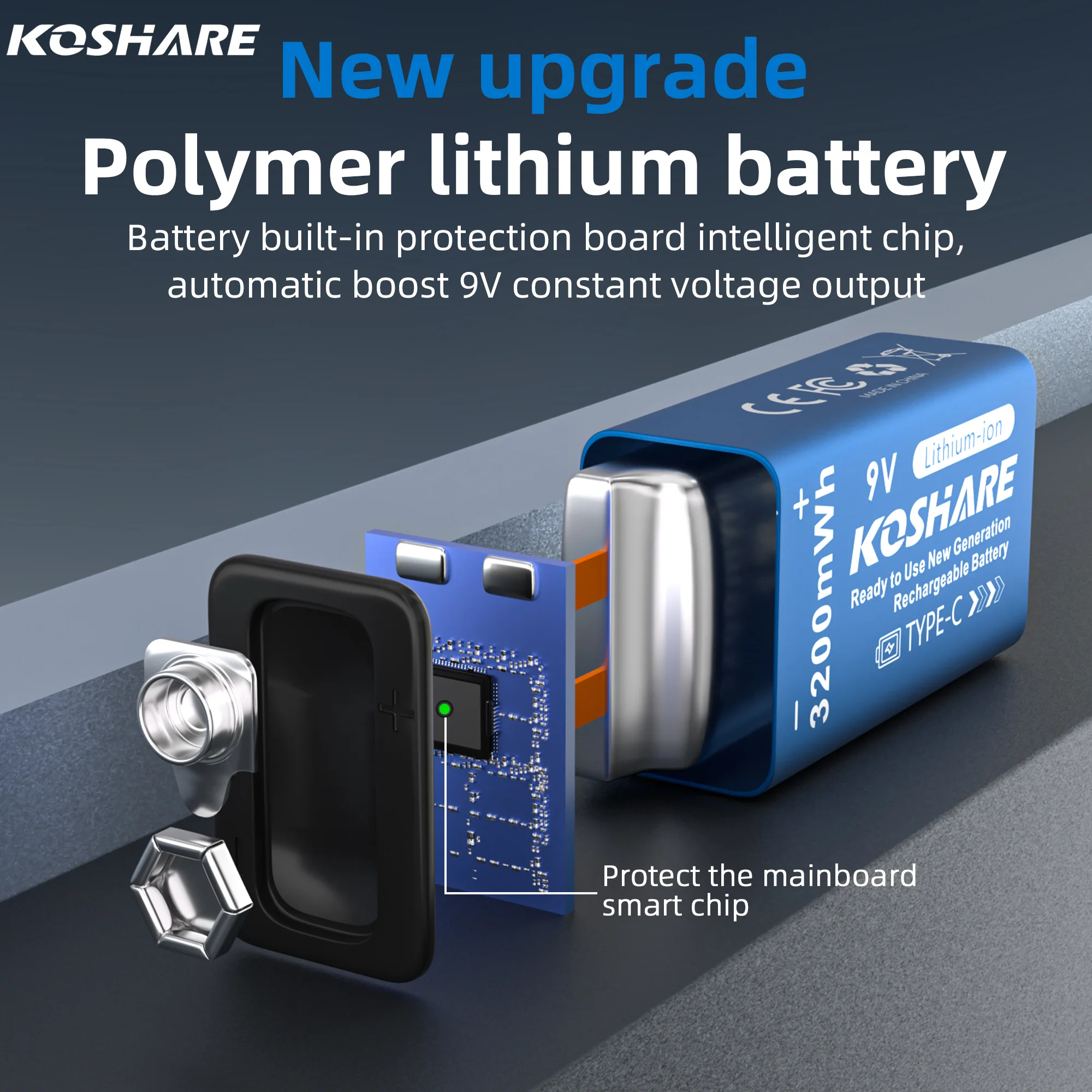 

KOSHARE Lithium-ion Rechargeable Battery 9V 3200mWh Type-C Smart USB Charging Lithium-ion Battery pack