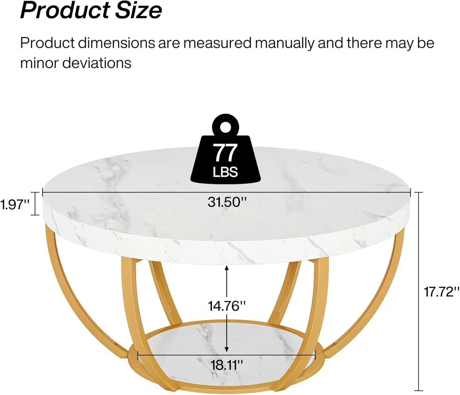 Round Coffee Table, 2 Tier Modern Coffee Table with Faux White Marble and Golden Metal Legs, Circle Center Table Tea Table