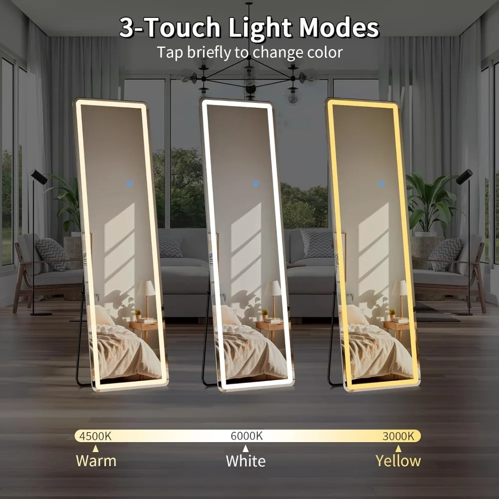 Miroir pleine longueur éclairé par LED, gradation 65 x 24 et réglable en 3 couleurs, grand miroir de coiffeuse pour chambre à coucher