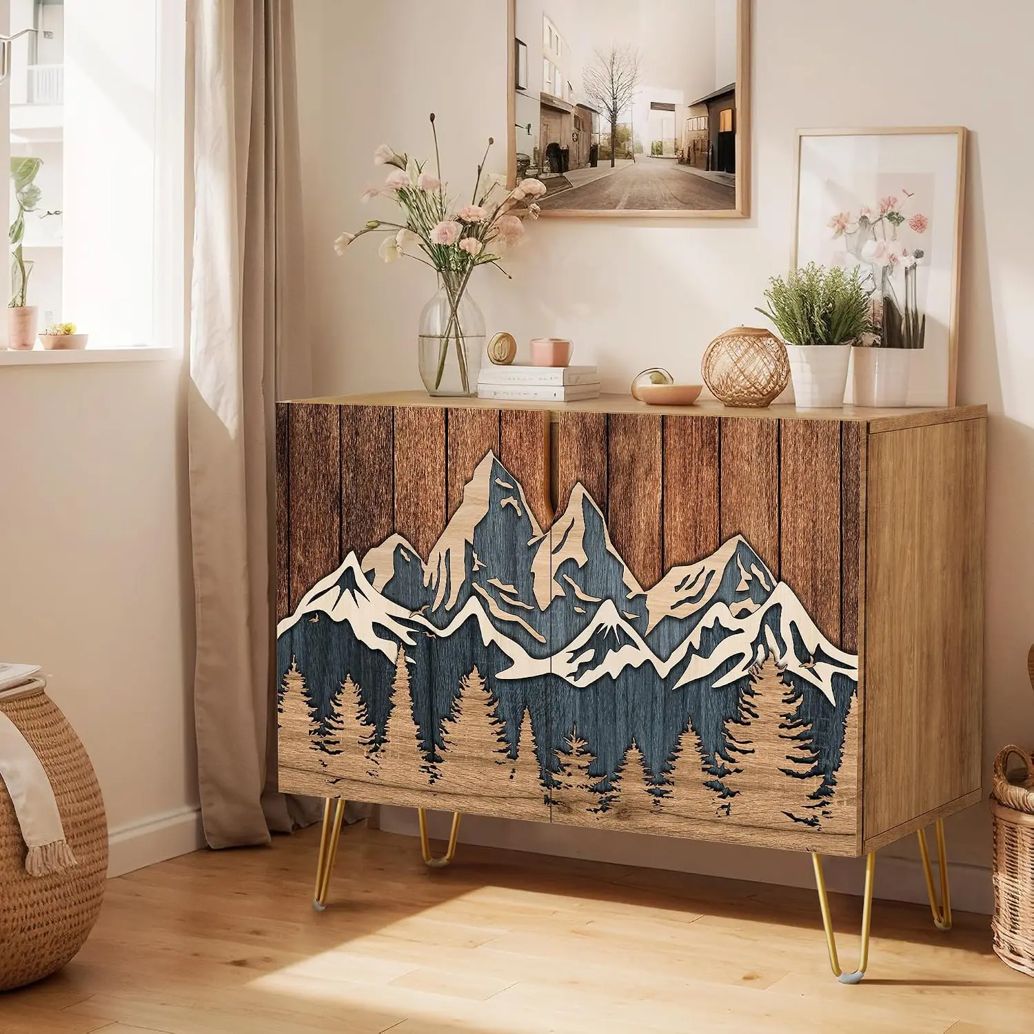 Countryside Wood Panel Mountain Forest Sideboard Buffet with 2 Doors, Kitchen Storage Cupboard Console for Dining Room 35