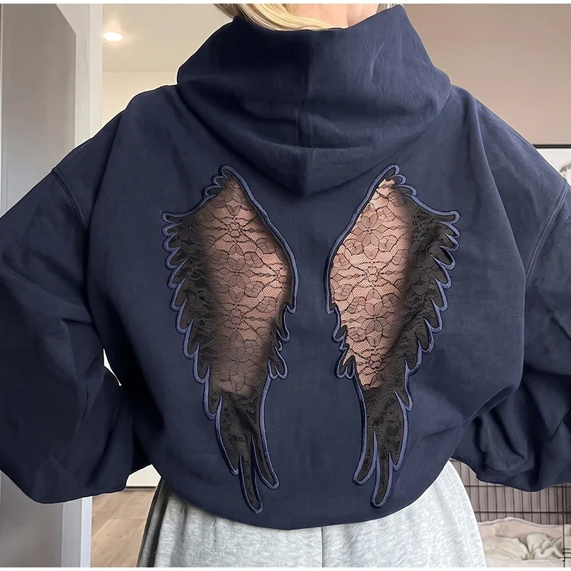 Damen-Oberteile, Oversize-Cropped-Hoodie-Pullover mit Rückenverzierung aus Spitze, Engelsflügel-Stickerei-Patch, Kapuzenpullover, Gothic-Langarmjacken – Detail 10
