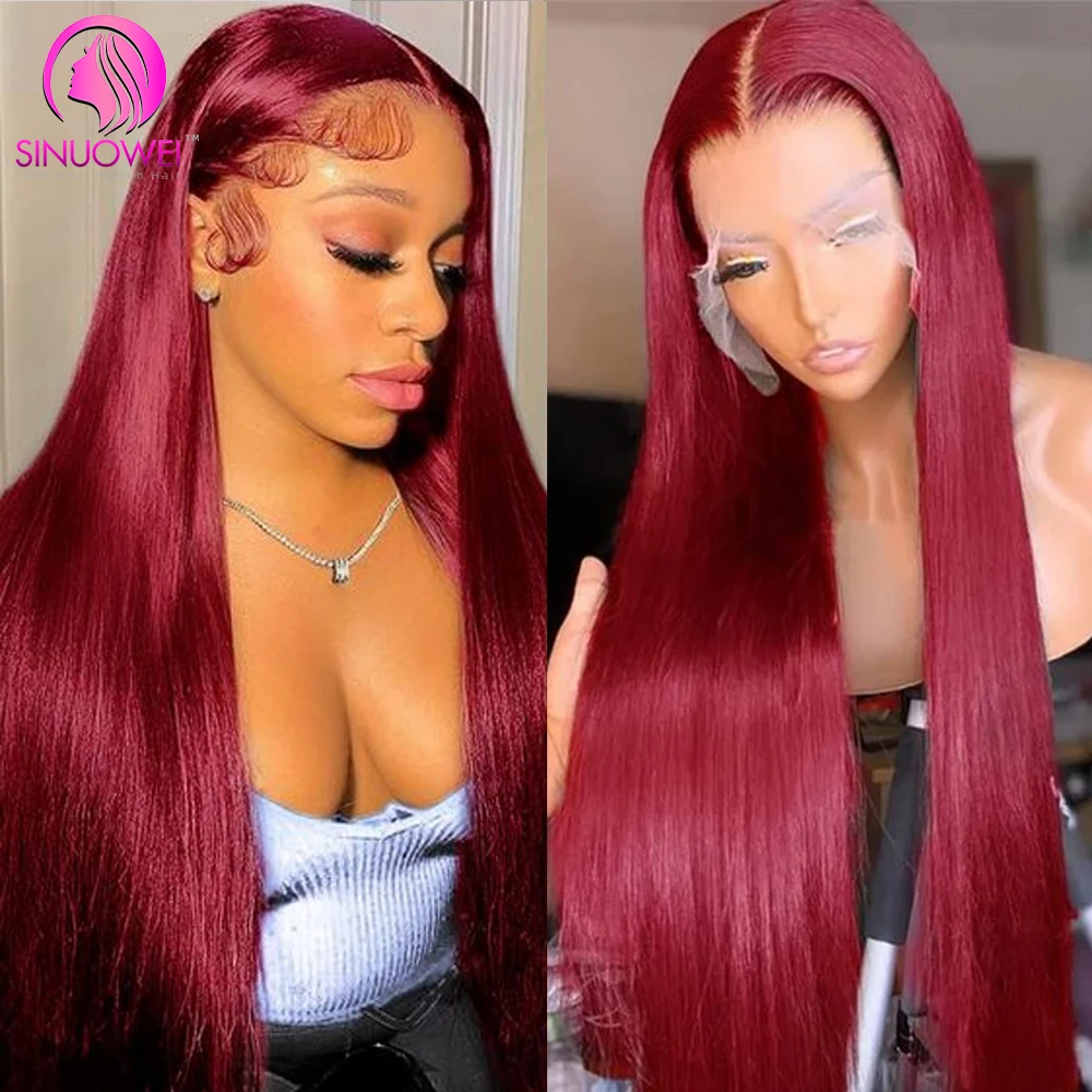 99J Burgundy Straight Wig 13X4 Lace Front Pre Plucked With Baby Hair Natural Hairline 180% Density Human Hair For Women Hair Wig