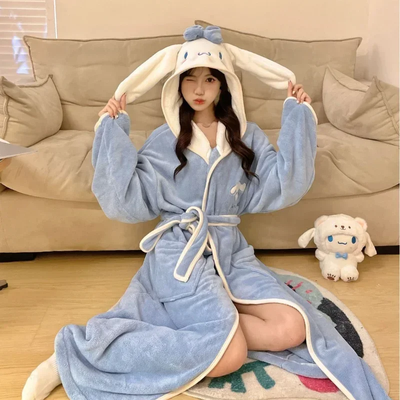 Yugui dog pajamas cartoon hooded nightgown coral fleece bathrobe thermal absorbent Sanrio loungewear Yugui dog women's pajamas