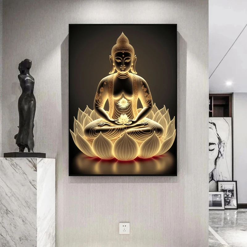 Buddha Statue Lotus Poster Zen Spiritual Meditation Religion Print Canvas Painting Wall Art Picture for Living Room Home Decor