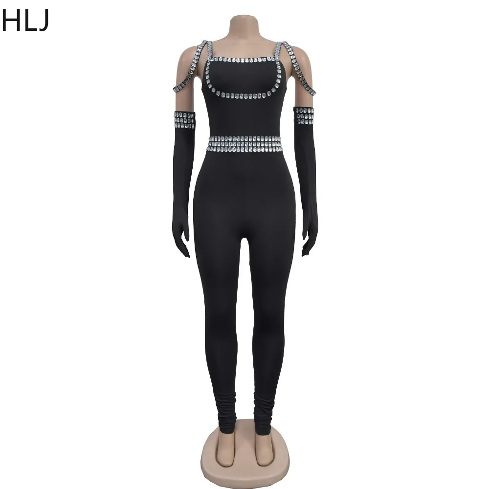 HLJ Fashion Rhinestone Backless Bodycon Jumpsuits Women Strap Sleeveless Party Club Playsuits Female With Sleeve Glove Overalls