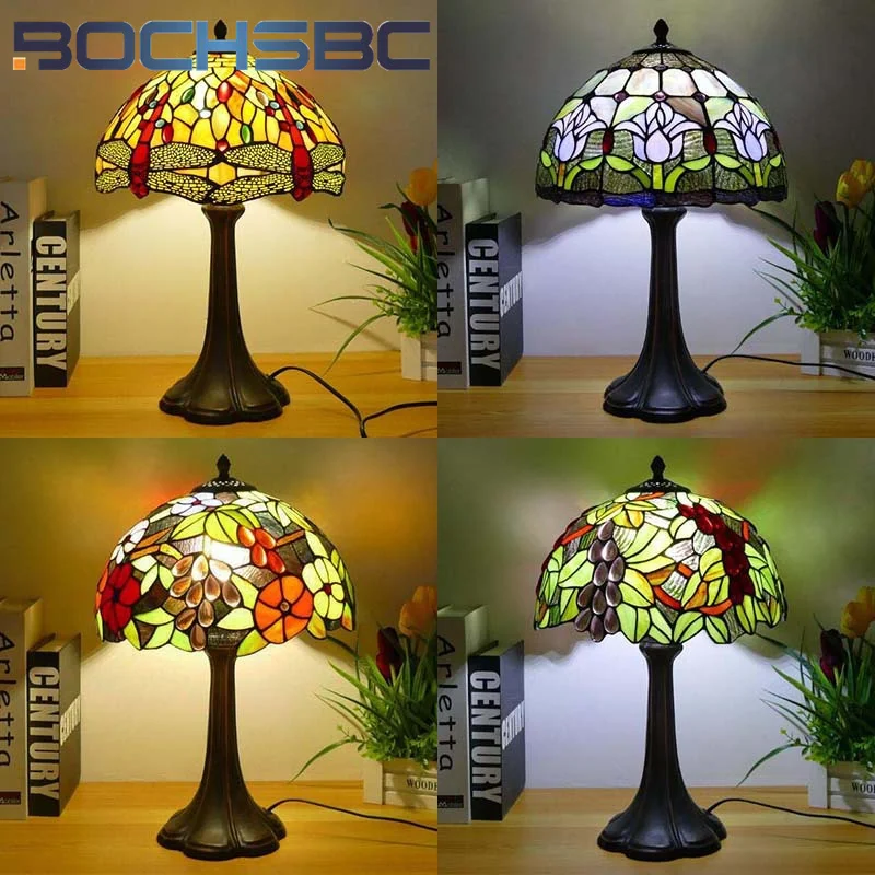 

BOCHSBC Tiffany style stained glass American retro table lamp for living room bedroom bedside lamp restaurant cafe LED decor