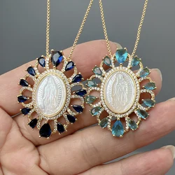 Hot Sell Religious Guadalupe Virgin Mary Necklace Female Metal Zircon Mother Pearl Shell Medal Pendant For Women Fashion Jewelry