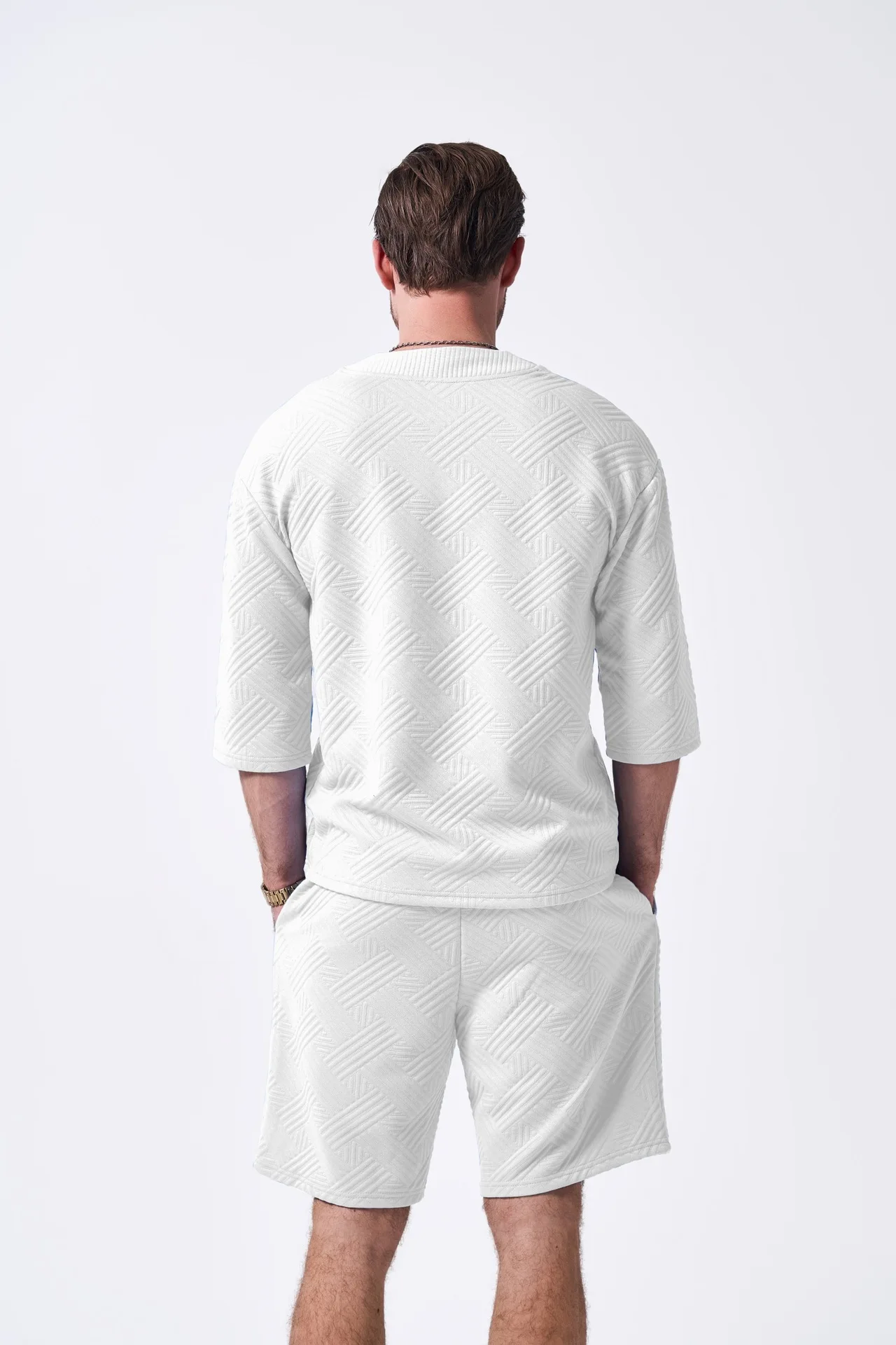 

Summer men's new style American-style V-neck casual trendy loose short-sleeved jacquard outdoor jacket and shorts set