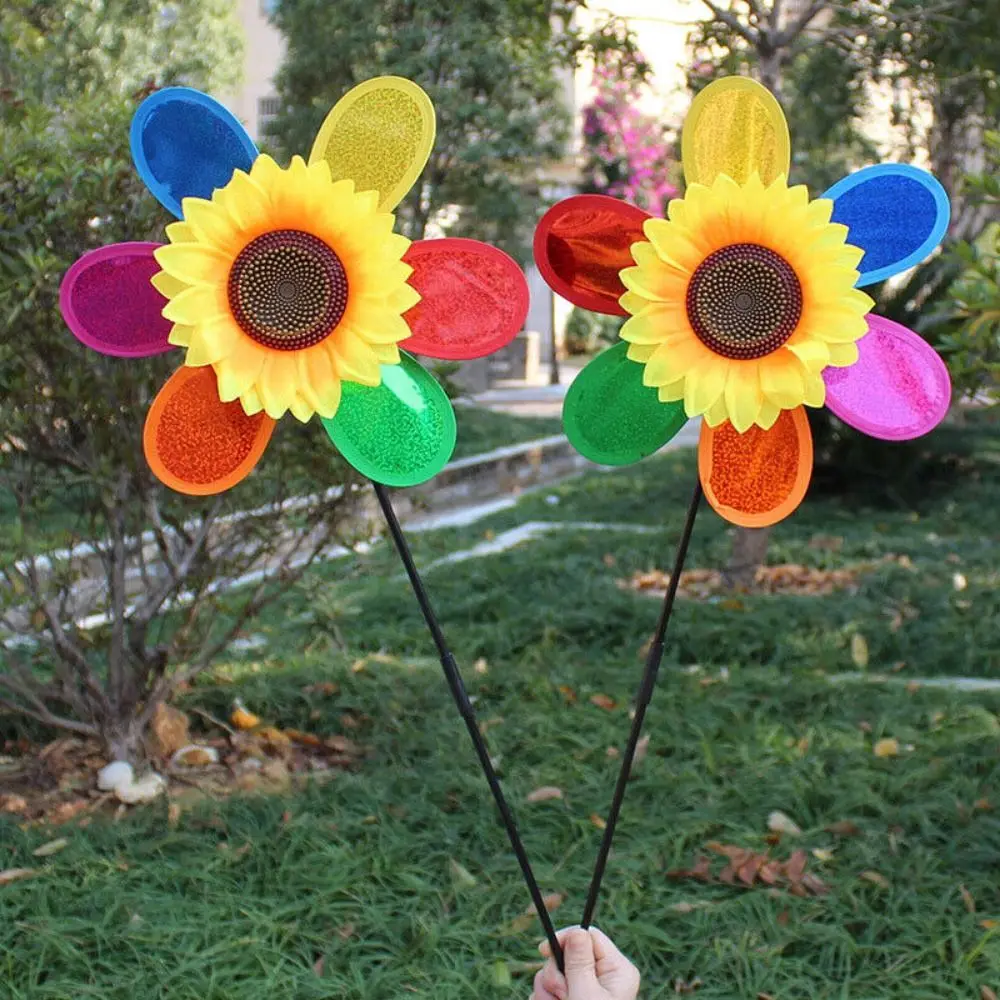 Moulin à vent tournesol à paillettes, fleur en plastique, beau moulin à vent portatif, décoration de jardin, cour, tente extérieure, balcon