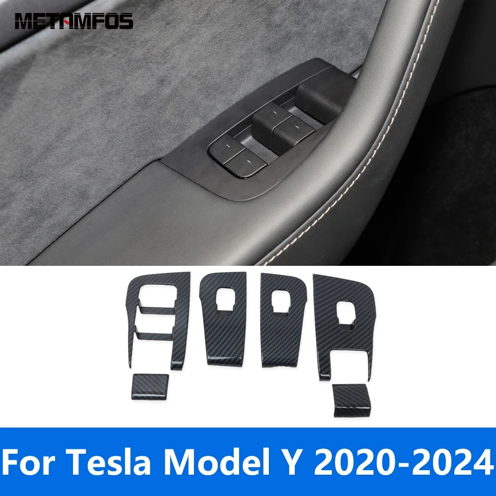 

Аксессуары для Tesla Model Y 2020 2021 2022 2023 2024 из углеродного волокна, интерьерный стеклоподъемник, крышка переключателя, отделка двери, подлокотника, рамы