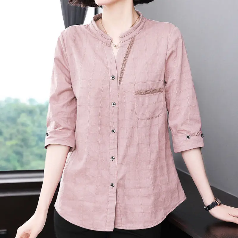 three-quarter sleeve plaid cotton shirt for women\'s summer new loose size cotton linen slimmimg natural comfort fashion top