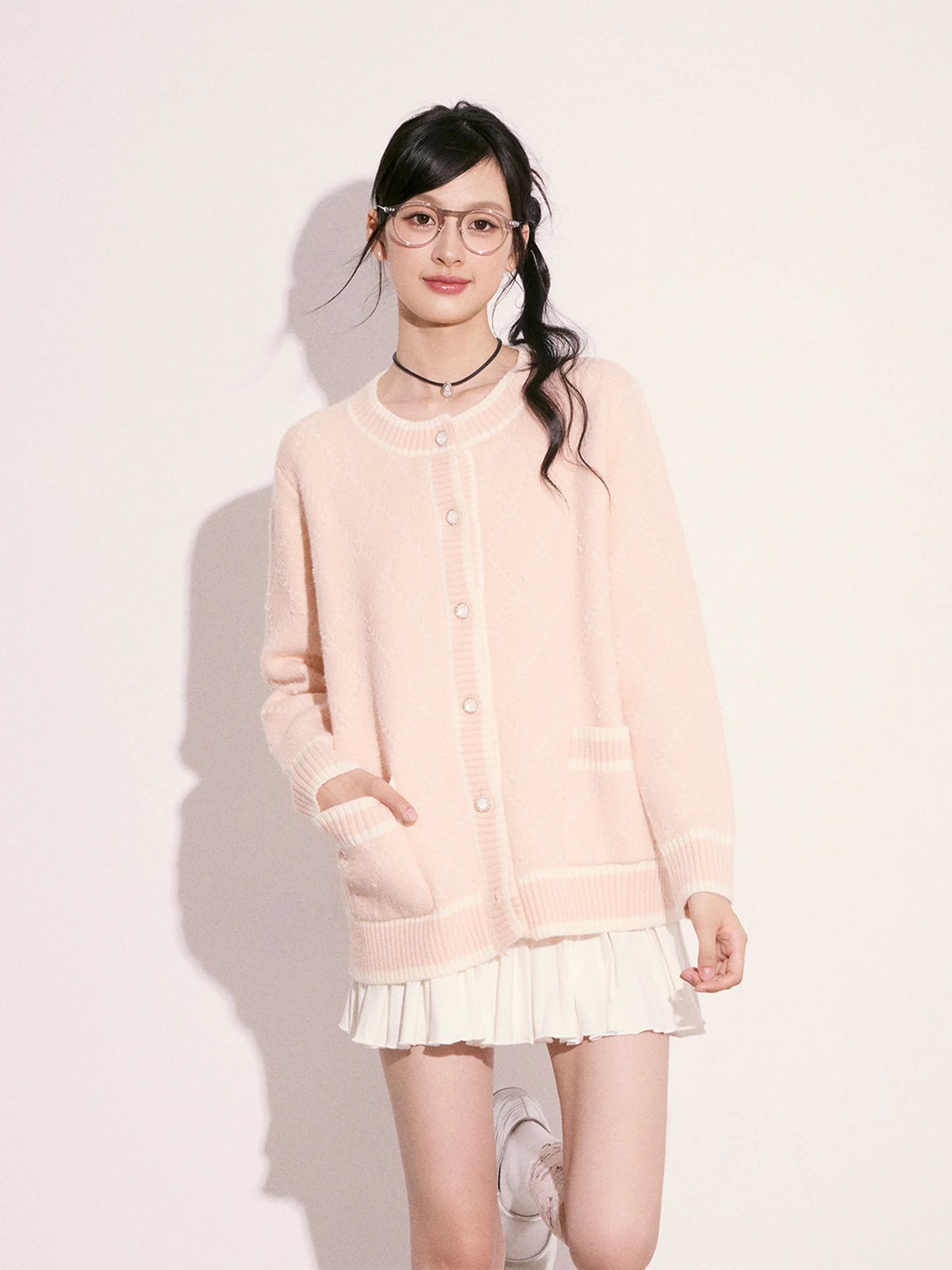 

Cr Kitten Long Sve Knitted Cardigan Women's College Sle round Ne Sweater Coat Ches Pattern Soft Polyester Blend C...