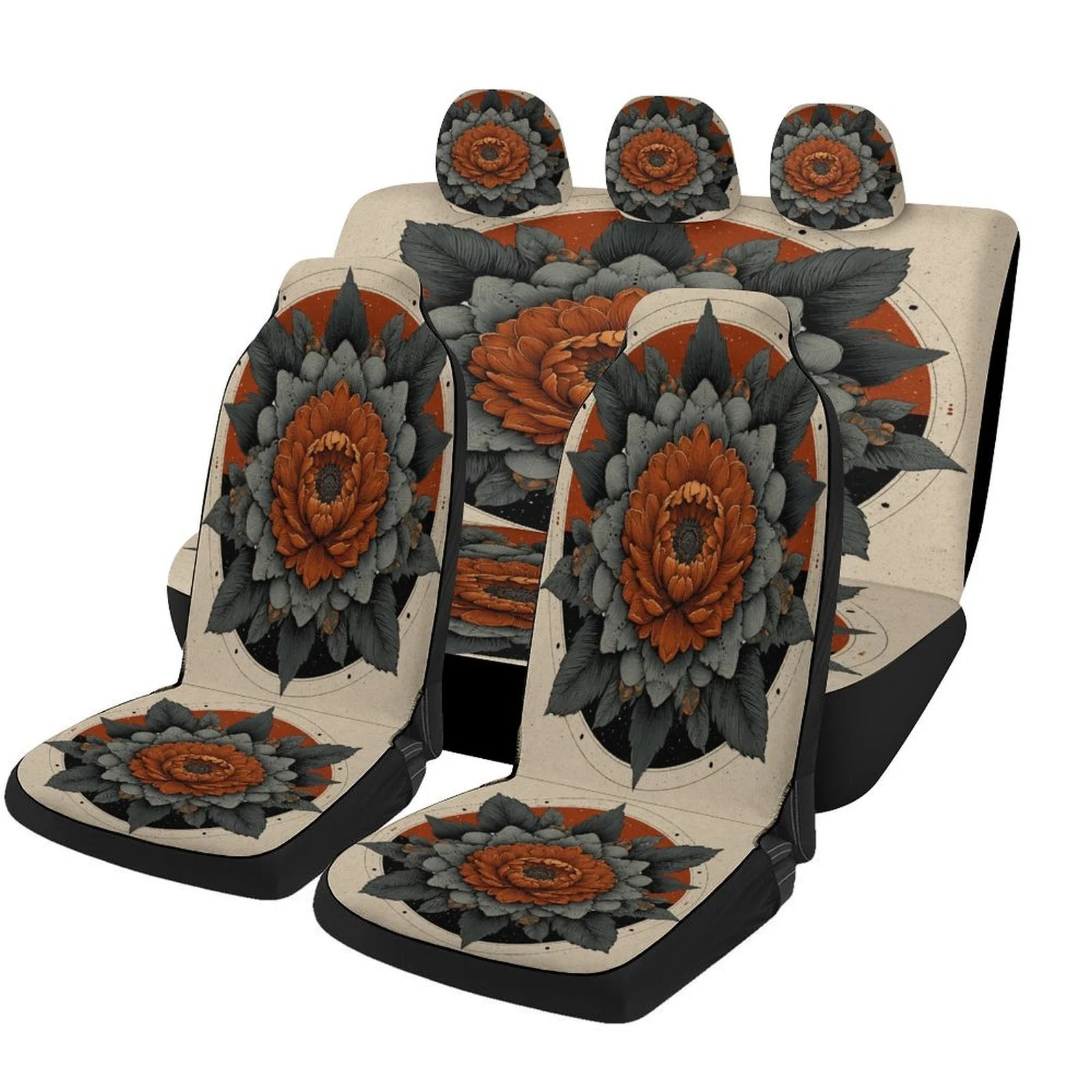 

Floral Mandala Art Designed Car Seat Cover Set For Most Cars, Trendy Novelty High-quality Car Seat Protector Covers Full Set, Un
